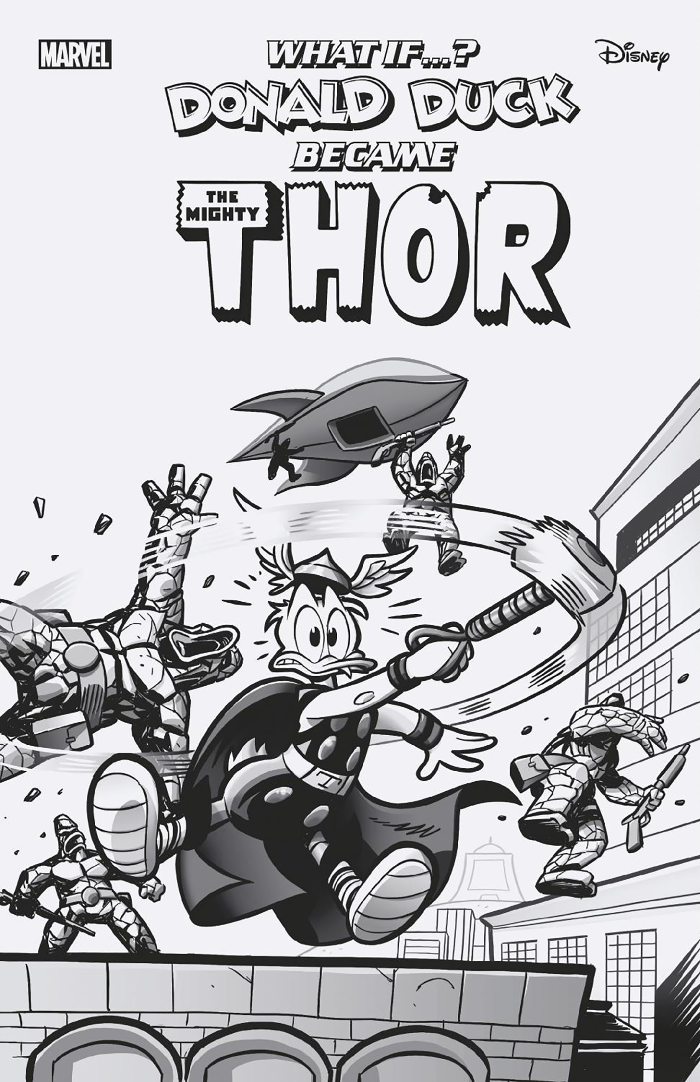 MARVEL & DISNEY: WHAT IF...? DONALD DUCK BECAME THOR #1 LORENZO PASTROVICCHIO BL ACK AND WHITE VARIANT 1:100 - End Of The Earth Comics